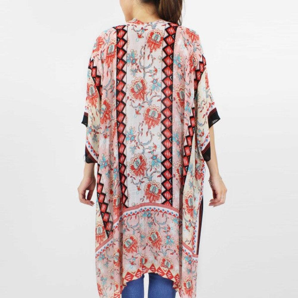 Damask Print Lightweight Kimono | Boho Cover-Up & Layer | One Size | Pink